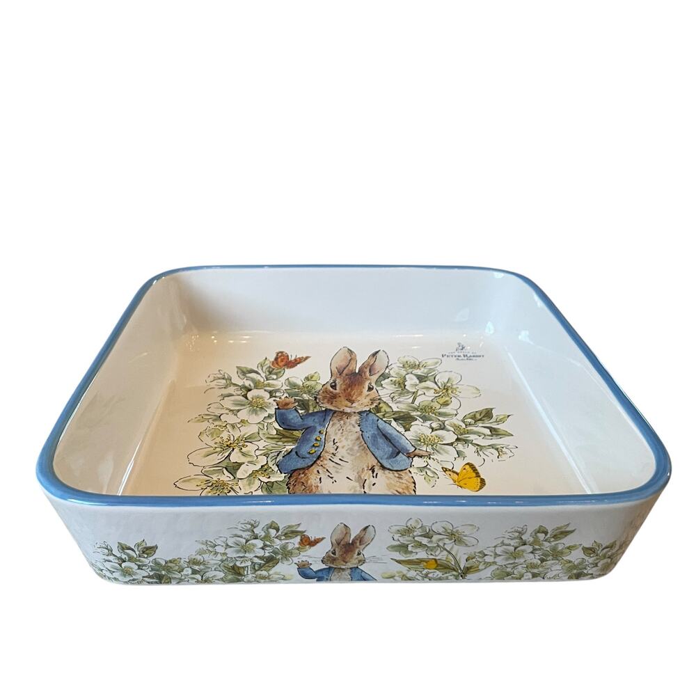 Beatrix Potter Peter Rabbit 9" Square Ceramic Baker Blue Rim Easter Bakeware NEW - Picture 5 of 13